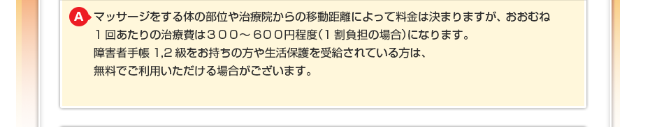 マッサージをする体の部位や治療院からの移動距離によって料金は決まりますが、おおむね1回あたりの治療費は300~600円程度(1割負担の場合)になります。障害者手帳1,2級をお持ちの方や生活保護を受給されている方は、無料でご利用いただける場合がございます。